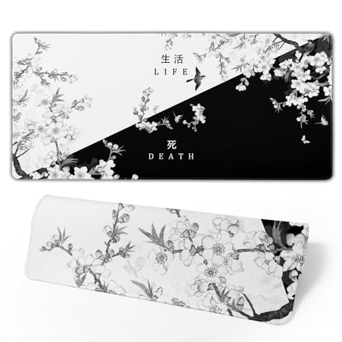XXL Large Gaming Mouse Pad,Japanese Sakura Death Life Extended Desk Pad Non-Slip Rubber Base 35.4x15.7in with Stitched Edges Waterproof Full Desk Pads Computer Gaming Mousepads for Work/Game/Office - color: Black and White Cherry Blossom, size: 35.4x15.7
