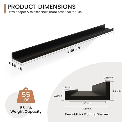 Fun Memories Picture Ledge Shelves Set of 2, 48 Inch Rustic Wall Mounted Floating Shelves with Lip for Home Storage and Décor in Bathroom, Kitchen, Nursery, Bedroom, Living Room, Black - color: Black, size: 48 inch, Set of 2