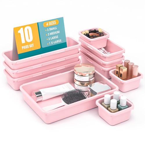 10 PCS Drawer Organizer Set, 4 Size Makeup Drawer Divider Organizer With Non-Slip Pads, Interlocking Plastic Storage Bins for Office,Jewelry Vanity,Gadgets, Bathroom,Kitchen, Pink - color: Pink, size: 10Pack