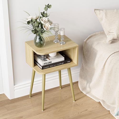 Natural Nightstand Set of 2, Small Bed Side Table for Small Spaces, Mid Century Modern Nightstand End Table with Open Storage, Side Table for Bedroom Living Room, MLBZ20Y-2 - color: Natural