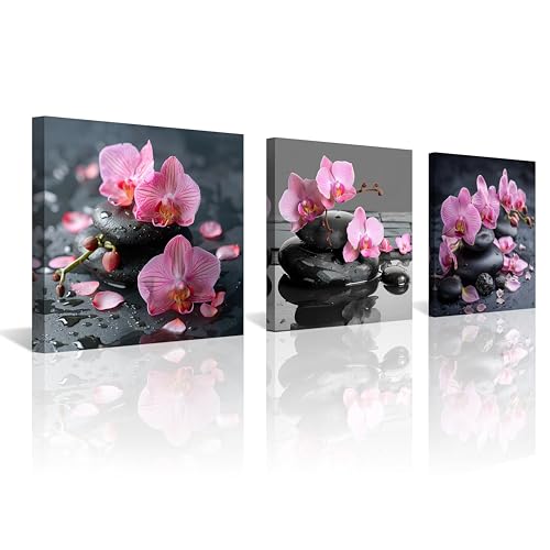 NAN Wind 3PCS Zen Spa Canvas Wall Art Pink Orchid Flower and Black Massage Stones Print Modern Botanical Floral Artwork Relaxation Theme Wall Decor for Bathroom Bedroom Home Spa Salon Decor - color: Pink Orchid and Black Massage Stones, size: 12X12inchX3p