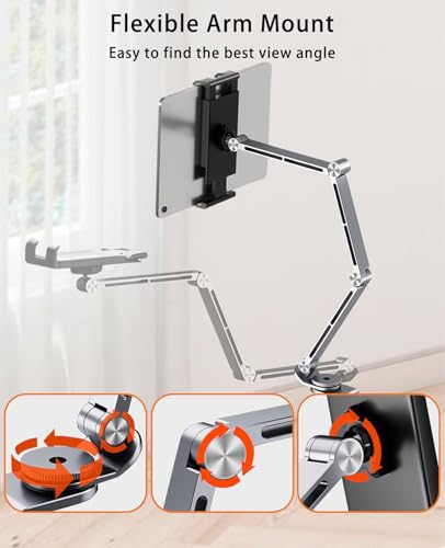 iPad Mount for Desk Aluminum Alloy Tablet Stand Foldable Overhead Arm Holder Mount Fits for 4.7-15.6" Screen Phone,Kindle,Fire HD,Monitor,iPad,Galaxy Tab Series (Gray) - color: Gray