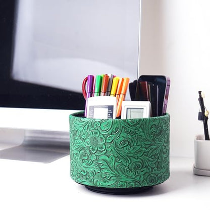 lizimandu Round Leather Art Supply Organizer,Remote Control Holder,360 Degree Spinning,Multi-Functional Pencil Holder,4 Compartments Desktop Stationary Organizer(1-Carved Green) - color: 1-Carved Green