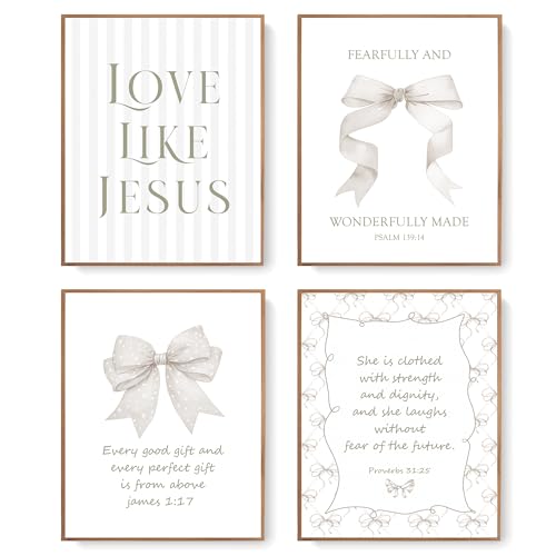 LARTSFRO Coquette Beige Bow Jesus Wall Art Decor Posters, Beige Bow Christian Room Bedroom Bathroom Wall Art Decor Aesthetic for Teen Girls Gifts, Inspirational Bible Verses Bow Wall Decor, 10x8 Inch Set of 4 Bow Pictures (UNFRAMED) - color: beige bow, si