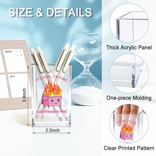 It's Fine I'm Fine Everything Is Acrylic Makeup Brush Pencil Holder Cup, Funny Pink Dumpster Fire Pen Holder Gifts For Friends HR Nurse, Office Gifts for Women Coworker, Pencil Cup for Desk - color: pink & orange