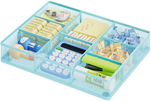 Marbrasse Desk Drawer Organizer, Metal Mesh Drawer Organizer Tray with 5 Adjustable Compartments,Desk Organizers and Accessories for Home,Office,Kitchen,Makeup,Vanity (Blue) - color: Blue
