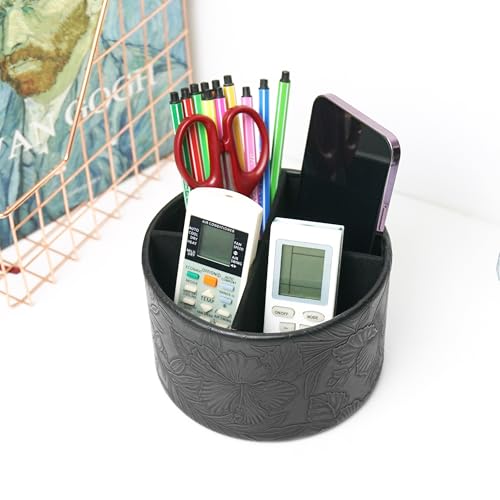 Round Leather Art Supply Organizer,Remote Control Holder,360 Degree Spinning,Multi-Functional Pencil Holder,4 Compartments Desktop Stationary Organizer(1-Carved Black) - color: 1-Carved Black