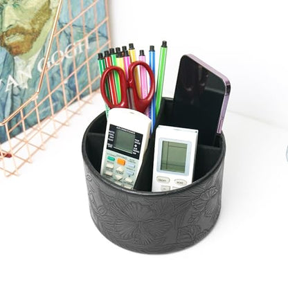 Round Leather Art Supply Organizer,Remote Control Holder,360 Degree Spinning,Multi-Functional Pencil Holder,4 Compartments Desktop Stationary Organizer(1-Carved Black) - color: 1-Carved Black