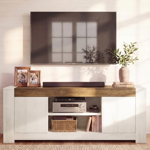 VASAGLE TV Stand, Farmhouse Entertainment Center with Storage Cabinets, Media Console Table for Living Room, Bedroom, for 65 Inch TV, 58 x 15.7 x 23.6 Inches, Rustic White and Honey Brown ULTV623W201S - color: Rustic White + Honey Brown, size: 58"L