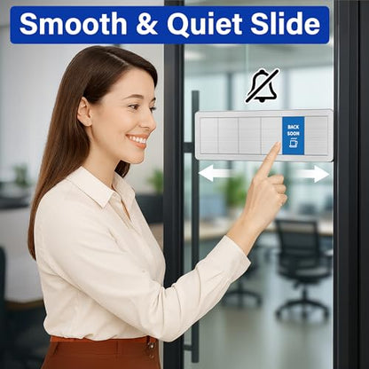Office Door Signs with 6 Printed Status Options – Do Not Disturb, Out of Office, In a Meeting, Please Knock, Back Soon, Come on in – Includes Custom Personalized Blank Sticker for Privacy Workspace or Studio Available and Away - style: Brushed Silver-Come