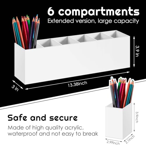 Jetec Acrylic Pen Holder 6 Compartments Makeup Brush Stationery Organizer Pencil Holder for Desk Accessories, Cosmetic Brushes, Dorm, Home, Bathroom, Kitchen, Office Supplies(White) - color: White