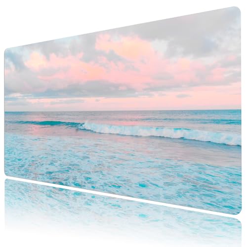 EOBTAIN Blue Beach Large Mouse Pad Coastal Desk Mat Cute Ocean Scene XXL Keyboard and Mouse Pad Desk Accessories for Office Home,Thin and Big Extended Smooth Non Slip Rubber Mousepad,31.5x15.7 Inch - color: Teal