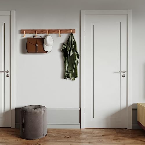 Wall Mounted Coat Rack, Entryway Hanging Rack with Rustic Hooks for Coat, Scarf, Bag, Towel, Key, Cap, Hat - Walnut Gold Matt (5 Hooks - J Shape) - size: 5 Hooks - J Shape