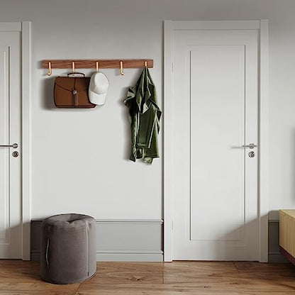 Wall Mounted Coat Rack, Entryway Hanging Rack with Rustic Hooks for Coat, Scarf, Bag, Towel, Key, Cap, Hat - Walnut Gold Matt (5 Hooks - J Shape) - size: 5 Hooks - J Shape