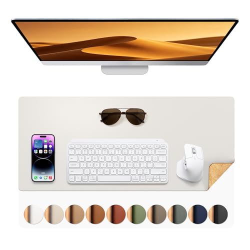 Aothia Dual-Sided Desk Pad - Leather Desk Mat, Natural Cork Desk Pad Protector, Large Mouse Pad for Desk, Waterproof Desk Blotter Pad, Desk Writing Pad for Office Work/Home, Off-White (25.6"x13.7") - color: Off-white+cork, size: 25.6" x 13.7"