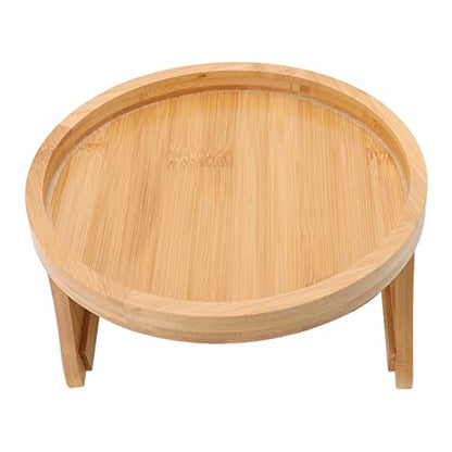 Tissting Wood Round Sofa Tray 9.65in x 4.72in - Clip on Side Table with Foldable Leg for Coffee, Tea, Snacks, Remote Controls, Living Room, Apartment, Dorm