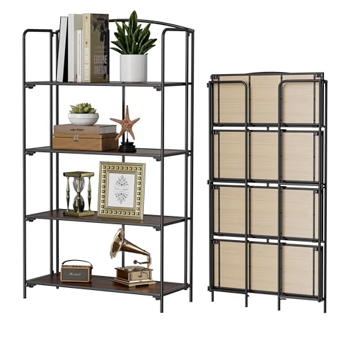Crofy 4-Tier Wider Foldable Bookshelf, Black Frame & Walnut Shelves | No-Assembly Collapsible Portable Storage Organizer; Sturdy Walnut Finish Shelves; Ideal for Living Room & Home Office - color: Black Frame & Walnut Shelf, size: 4 Tier Wider