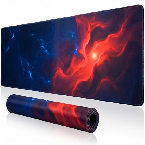 Jeffbaubl Large Desk Mat, 31.5 x 11.8 inch Blue Red Pattern Mouse Pad, Non-Slip Rubber Base and Stitched Edges Mousepad, Waterproof Desk Pad, 3mm Thick Extended Keyboard Pads for Gaming Office Home