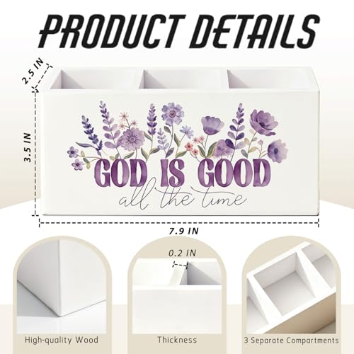 Purple Floral Christian Pen Pencil Holder for Desk, Christian Gifts for Women, God Is Good All the Time Bible Verse Religious Wooden Box Sign Decorations for Home Office Desk Tabletop - color: 01-Purple Floral Christian(white)
