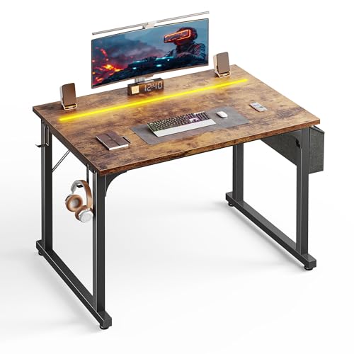 DurayLoly 32" Computer Desk with Waterproof LED Lights,Bedroom Study Desk for Teens,Dorm Room Essentials,Headphone Hook&Storage Bag for Small Spaces,Sturdy Metal Frame,Rustic Brown - color: Brown, size: 32 Inch