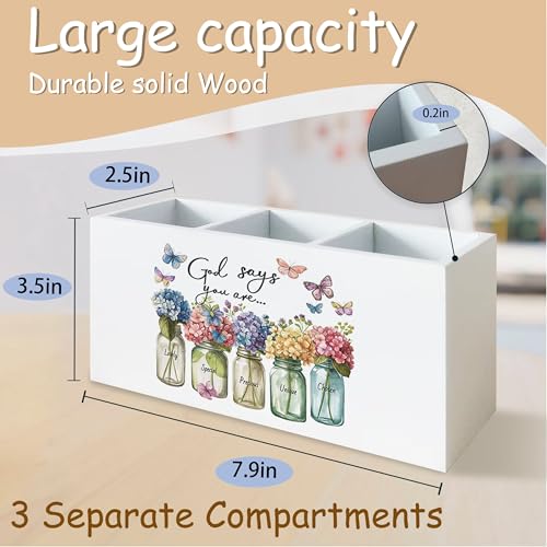 Christian Office Decor, Christian Pen Holder for Office Desk Decor, Hydrangea Bible Verse Wooden Pencil Holder Sign Organizer for Desk, Inspirational Hydrangea Gifts for Women Men - color: light yellow