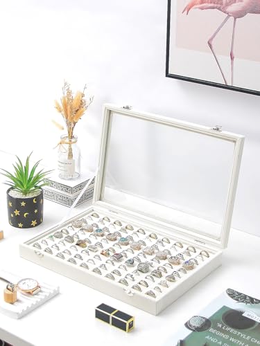 Ring Holder Organizer Box, Jewelry Display Case, Earring Necklace Storage Tray With Top Glass Lid (Beige, 100 Slots) - color: Beige Large Size, size: 100 Slots Ring