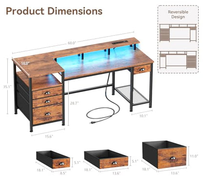Furologee 60" Computer Desk with File Cabinet and Storage Shelves, Reversible Home Office Desk with LED Lights, Full Monitor Stand, Power Outlets, Study Gaming Table with 4 Drawers, Rustic Brown - color: Rustic Brown