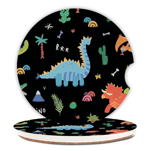Cute Dinosaur Cup Holders Car Coasters Set for Women/Men,2.56" 2 Pack Universal Auto Anti Slip Coaster with A Finger Notch,Ceramic Stone with a Finger Notch for Easy Move. - color: Cute Dinosaur 2