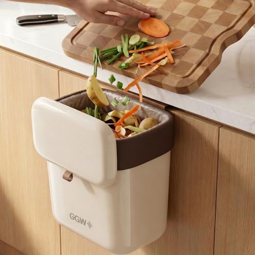 Large 3.9 Compost Bin Kitchen with Lid, Under Cabinet Waste Bin for Kitchen Cupboard, Reusable Waste Container for Office, Bathroom, Bedroom, Cream - color: White