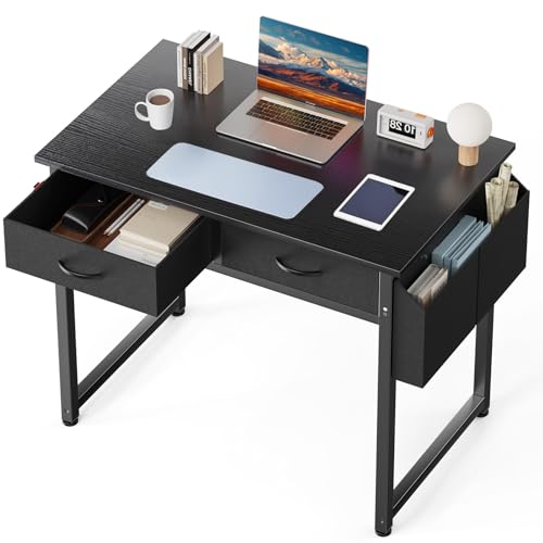 DUMOS 32" Home Office Computer Desk with Drawers, Small Gaming Writing Study Table with Storage Side Bag, Headphone Hook and Adjustable Feet for Bedroom Black - color: Black, size: 32-In