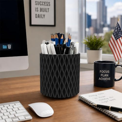 Lebenrich Aesthetic Black Pen Holder for Desk, Rotating Plastic Desk Pencil Holder Organizer for Home School Office - color: Black
