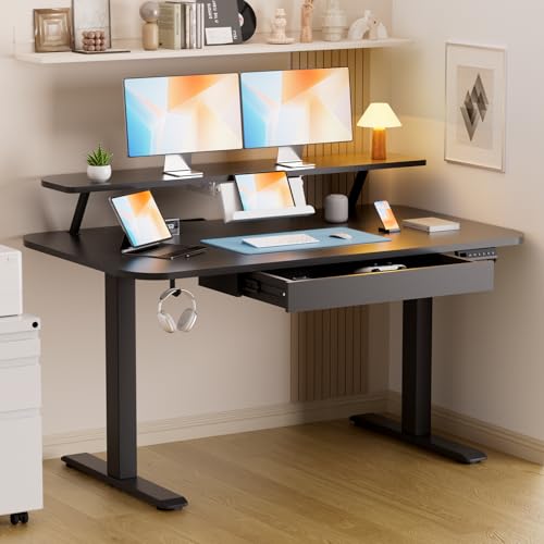 GTPLAYER Electric Standing Desk with Drawers, 48 x 24 Inches Height Adjustable Computer Desk with Monitor Stand, Laptop Stand, Sit Stand up Desk with Memory Preset for Home, Office, Black - color: Black, size: 48 x 24 Inches