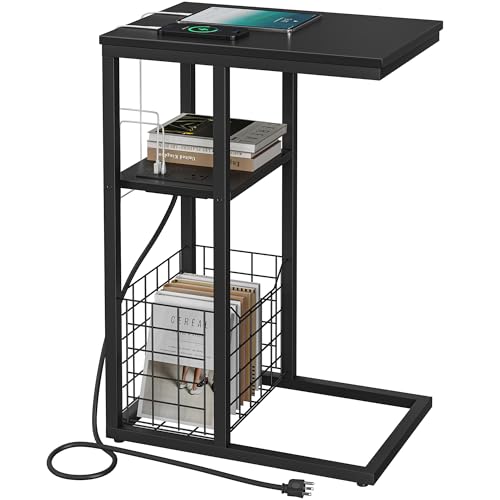 Vagusicc C Shaped End Table with Charging Station, Side Table for Couch, Small Side End Table for Small Spaces, 28" High Slide Under Sofa Table for Coffee, Tv Tray Table for Living Room, Black - color: Black