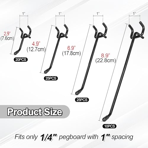 80 Pack 2/4/6/8 inch Heavy Duty Pegboard Hooks,Extra Thick 1/4" Black Peg Board Hooks for Hanging, Pegboard Accessories for Garage, Kitchen, Gym, Store Wall Organizer - size: 2/4/6/8inch- 80pcs (Heavy duty)