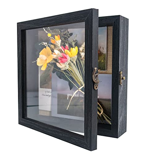 GraduationMall 8x8 Wood Shadow Box Frame Glass Door Display Case with Linen Back and 6 Stick Pins,1.5 inches Interior Depth,Ideal for Memorabilia Pictures Flowers Medals Tickets Rustic Black - color: Rustic Black, size: 8x8