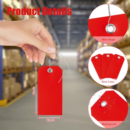 100 Pieces 2x4 inch Plastic Shipping Tags with Wires Heavy Duty Hang Tags with String Waterproof Labeling Tags with Reinforced for Gift Luggage Garage Inventory (red) - color: Red