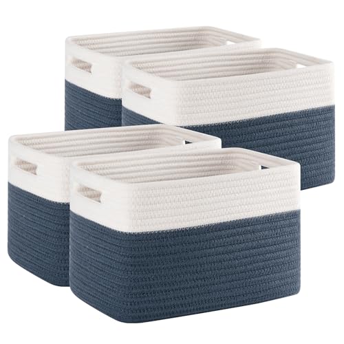 4 Pack Storage Baskets for Organizing, Woven Baskets for Shelves - Perfect for Toys, Books, Towels, and Clothes, Durable Gift Basket Bins Toy Storage, 12.7''L x9''W x7.8''H, Blue and White - color: Blue & White, size: Small/12.7''Lx9''Wx7.8''H