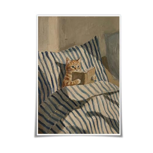 Funny Cat Wall Art Painting Funny Orange Ginger Cat Picture Whimsical Cat in Stripe Bed Reading Wall Decor Cute Animal Book Lover Blue and White Poster Living Room Bedroom 16X24 inch Unframed - color: white-14, size: 24"L x 16"W