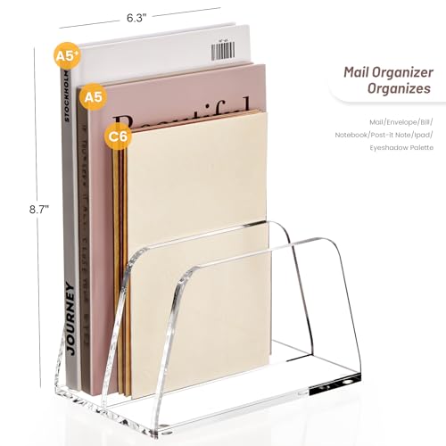 YUXUN Acrylic Mail Organizer,2 Sections Vertical Desk Organizer,Clear Envelope Holder Bill Organizer Letter Sorter for Mail,Envelope,Bill,Notebook,Post-it Note for Home,Office,Classroom - style: 2-Section,A5