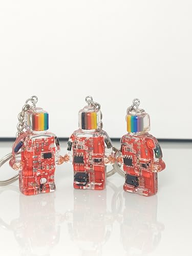 Upcycled Circuit Board Robot Keychain, Handmade Real PCB Resin Charm, Unique Cyberpunk Gift for IT - color: Red