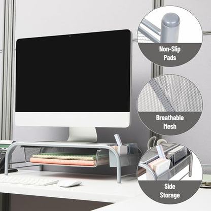 Mind Reader Monitor Stand, Ventilated Laptop Riser, Paper Tray, Storage, Office, Metal Mesh, 20"L x 11.5"W x 5.5"H, Silver - color: Silver