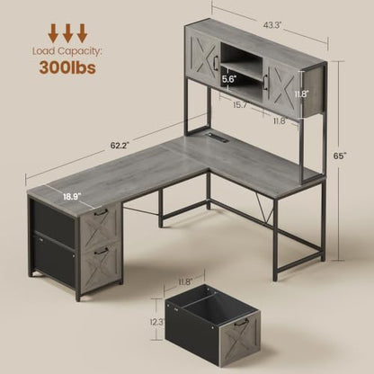 SEDETA L Shaped Gaming Desk, Reversible 86.6" Computer Desk with Fabric Drawers and Power Outlet, Gaming Desk with Led Lights, Hutch and Storage for Home Office, Light Gray - color: Light Gray