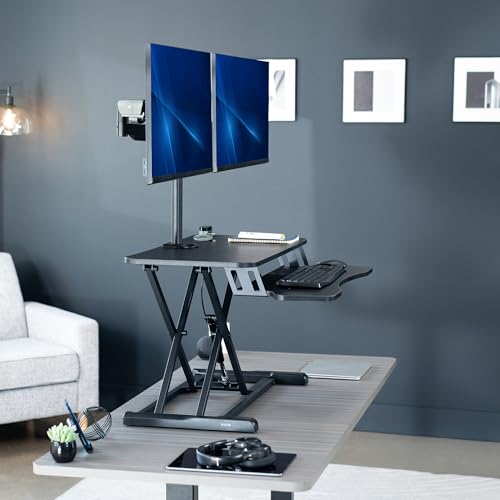 VIVO Black 32 inch Desk Riser with Monitor Mount, DESK-KIT-0K2K | Standing Desk Converter with Dual Monitor Mount for up to 32 inch Screens, Height Adjustable Riser, Mechanical Spring Arms - size: 32"
