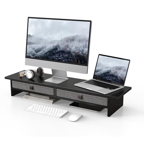 Fenge 35 Inch Monitor Stand with Drawer, 2 Tiers Dual Monitor Riser for Desk, Wooden Computer Stand for 2 Monitors, Desk Shelf for Home, Office, Laptop, PC, TV, Printer, Black - color: Black