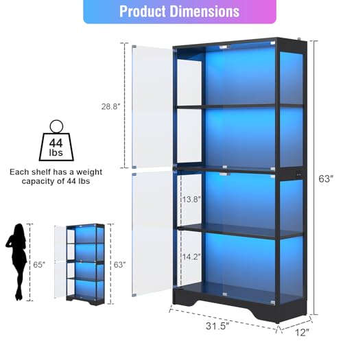 knoworld Display Cabinet with Glass Doors, 63" Tall Curio Cabinet with Human Sensor RGB LED Lights, 4-Tier Glass Display Case with 15mm Thick Shelves for Action Figures, Collectibles, Books - Black - color: Black