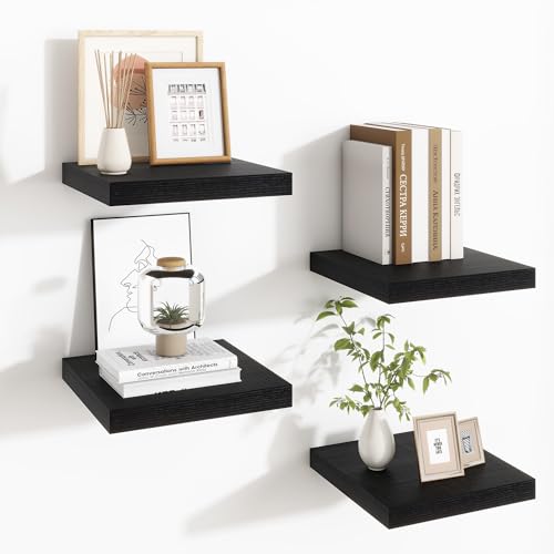 Fun Memories Floating Shelves for Wall - 9.3 Inch Square Shelves with Invisible Brackets, Black Small Wall Shelf for Living Room, Bathroom, Bedroom, and Kitchen Decor Set of 4 - color: Black, size: 9.3"W x 9.3"D - 4P