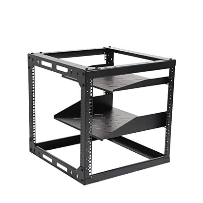 AEONS 10U Open Frame Network Server Rack 19-inch 4 Post AV Rack with Casters for Floor Standing and Wall Mount, Side Load for Extra Depth– Complete Kit with 1U and 2U Vented Shelves, Black - style: 10U-Kit