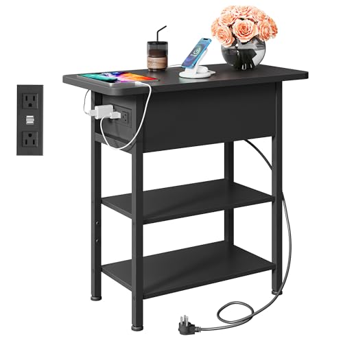 WLIVE End Table with Charging Station, Flip Top Narrow Side Table with Storage Shelf, Small Nightstand with USB Ports and Outlets,Bedside Table for Living Room, Bedroom,11.81" D x 23.62" W x 24.33" H - color: Black