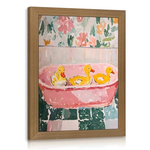 LERVR Wood Framed Funny Ducks Bathroom Wall Art, Cute Yellow Ducks in Pink Bathtub Canvas Print, Whimsical Animal Decor, Soft Pastel Aesthetic Artwork for Girls Bathroom Nursery Bedroom 8x10 Inch - color: DuckBathtub, size: 10"L x 8"W