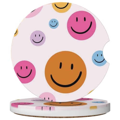 2 Pack Car Cup Holder Smiley Face Coasters Absorbent Ceramic Coaster for Cup Holders Fashion Car Interior Accessories for Men Drink Coaster for Women - color: Smiley Face